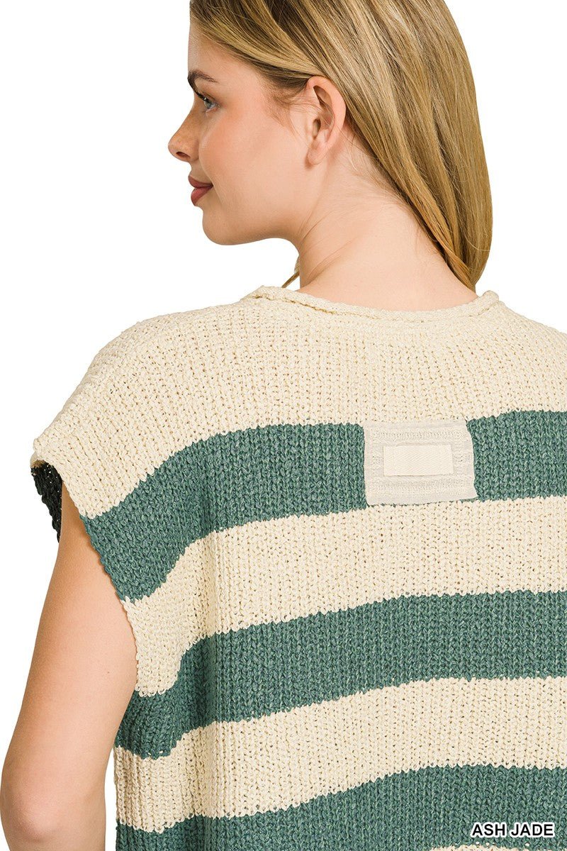 Ash Jade Split Neck Stripe Sleeveless Sweater by Zenana Back View