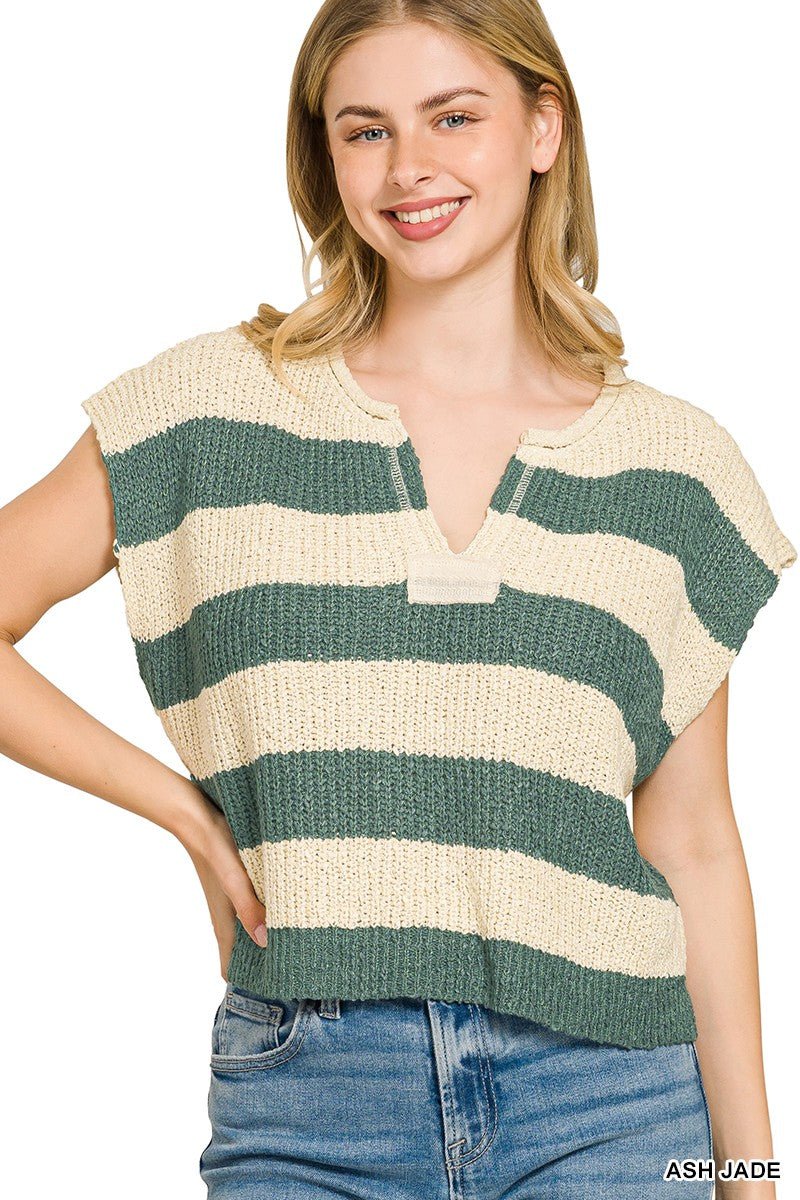 Ash Jade Split Neck Stripe Sleeveless Sweater by Zenana Front View