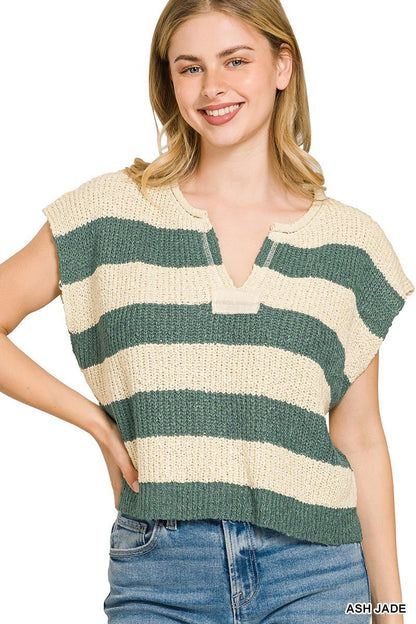 Ash Jade Split Neck Stripe Sleeveless Sweater by Zenana Front View