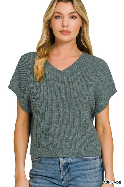 Ash Jade Textured Knit V-Neck Cropped Short Sleeve Sweater by Zenana Front View