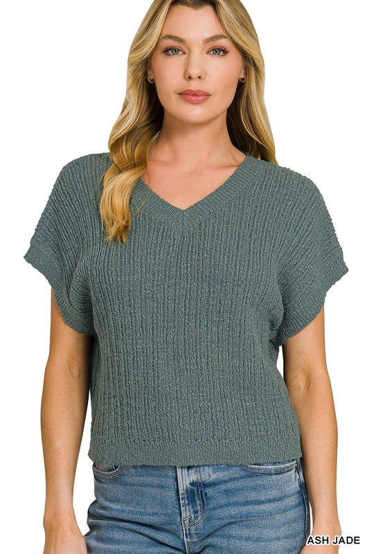 Ash Jade Textured Knit V-Neck Cropped Short Sleeve Sweater by Zenana Front View