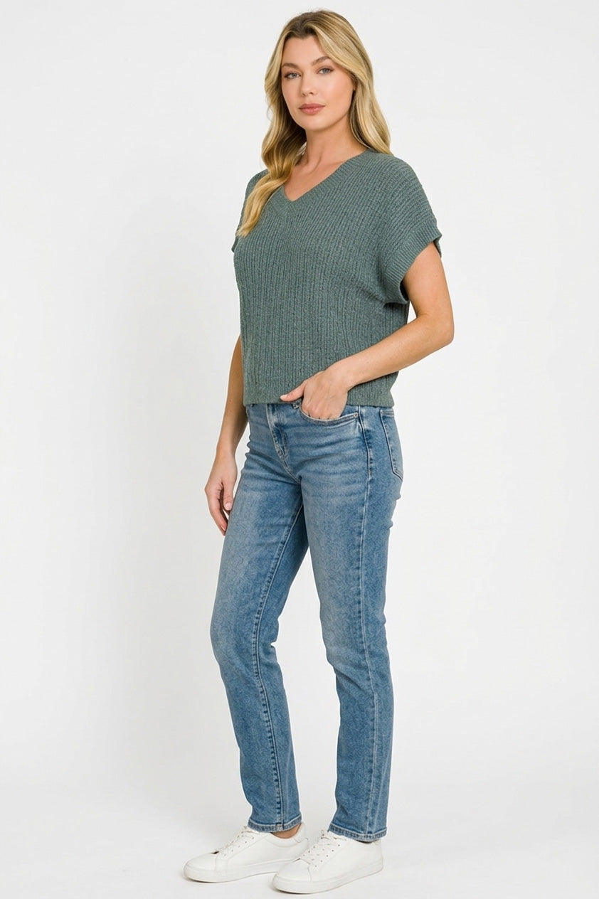 Ash Jade Textured Knit V-Neck Cropped Short Sleeve Sweater by Zenana Side View
