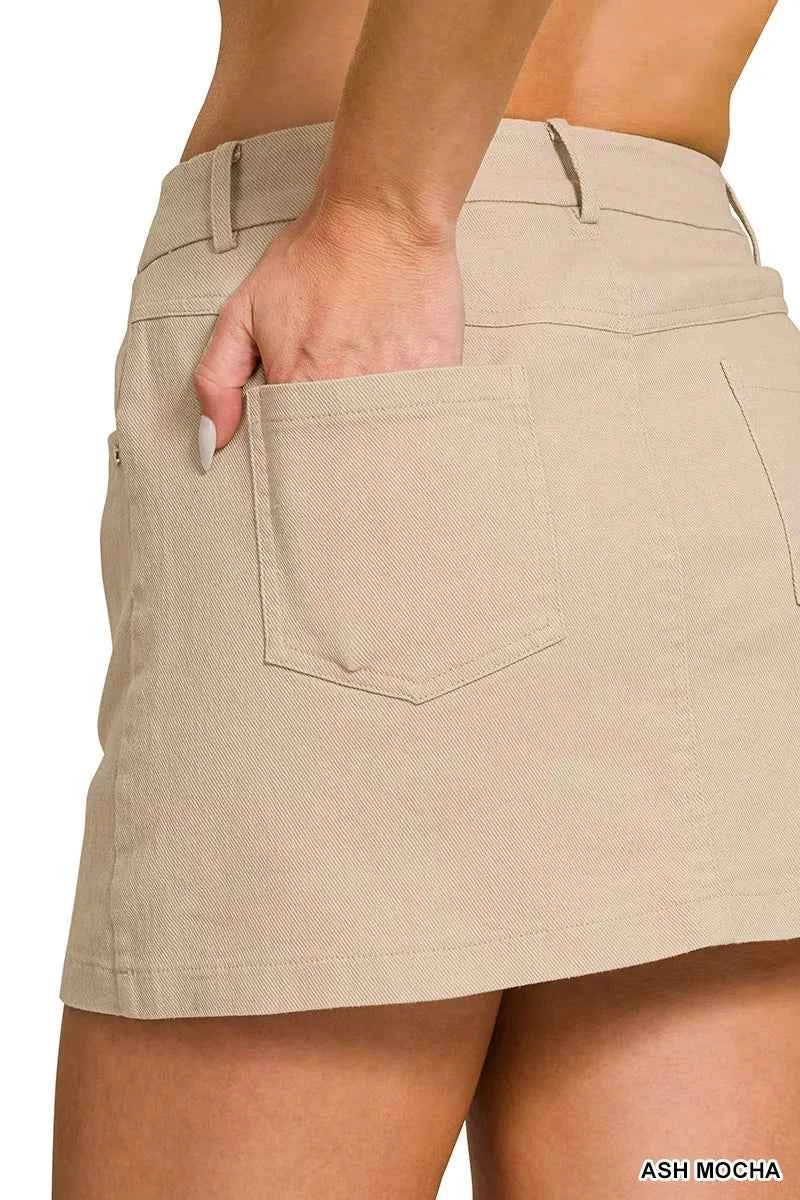 Ash Mocha Cotton Twill Lined Mini Skirt with Pockets by Zenana