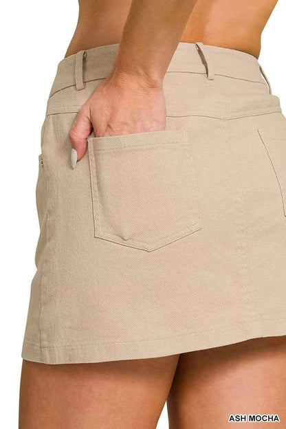 Ash Mocha Cotton Twill Lined Mini Skirt with Pockets by Zenana