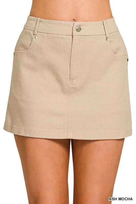 Ash Mocha Cotton Twill Lined Mini Skirt with Pockets by Zenana