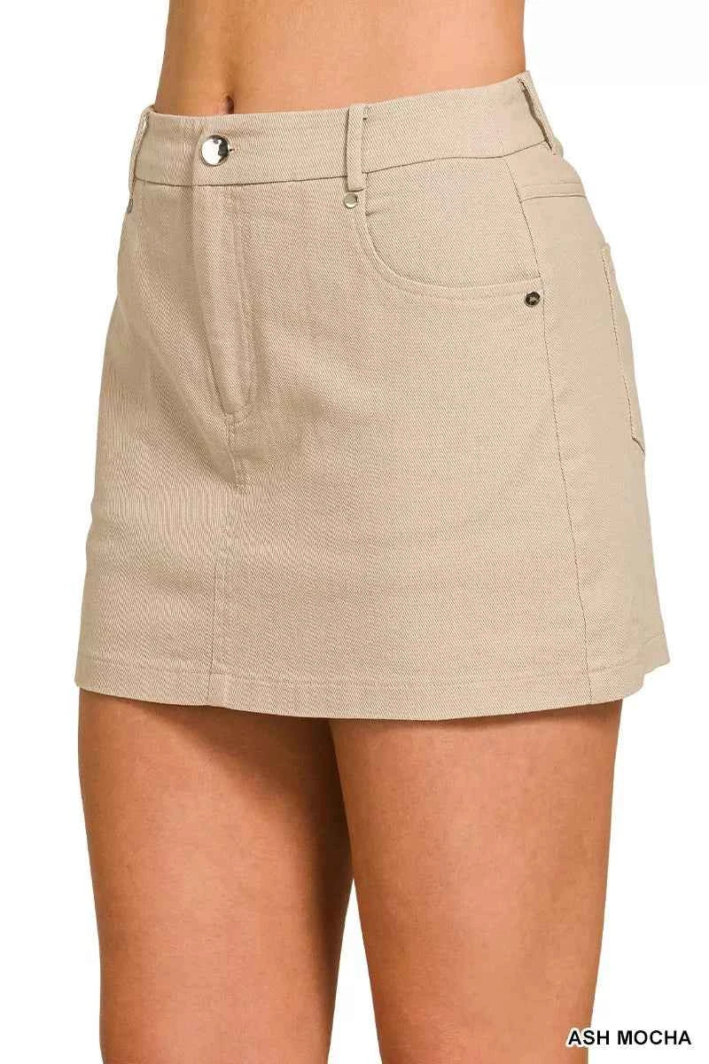 Ash Mocha Cotton Twill Lined Mini Skirt with Pockets by Zenana