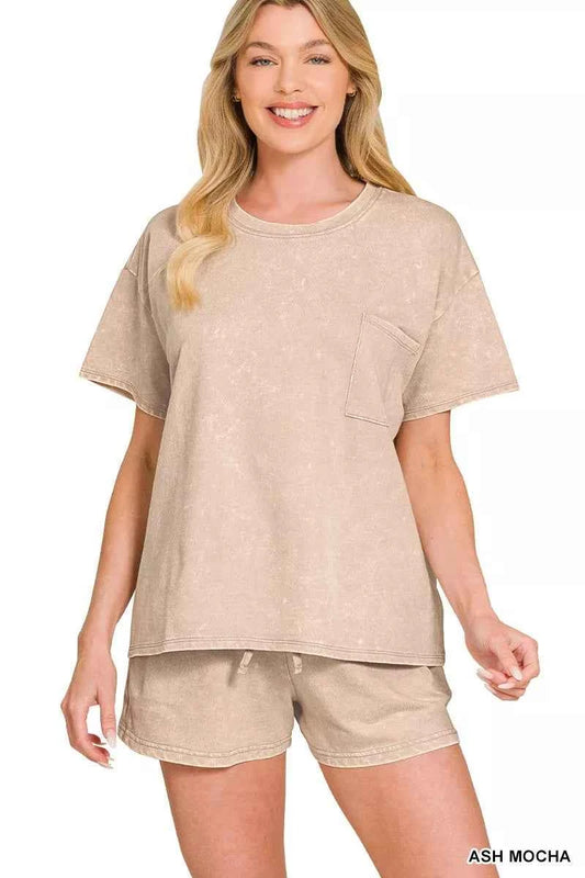 Ash Mocha French Terry Acid Washed Relaxed Top & Short Set | Zenana