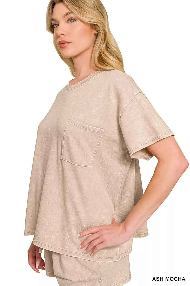 Ash Mocha French Terry Acid Washed Relaxed Top & Short Set | Zenana