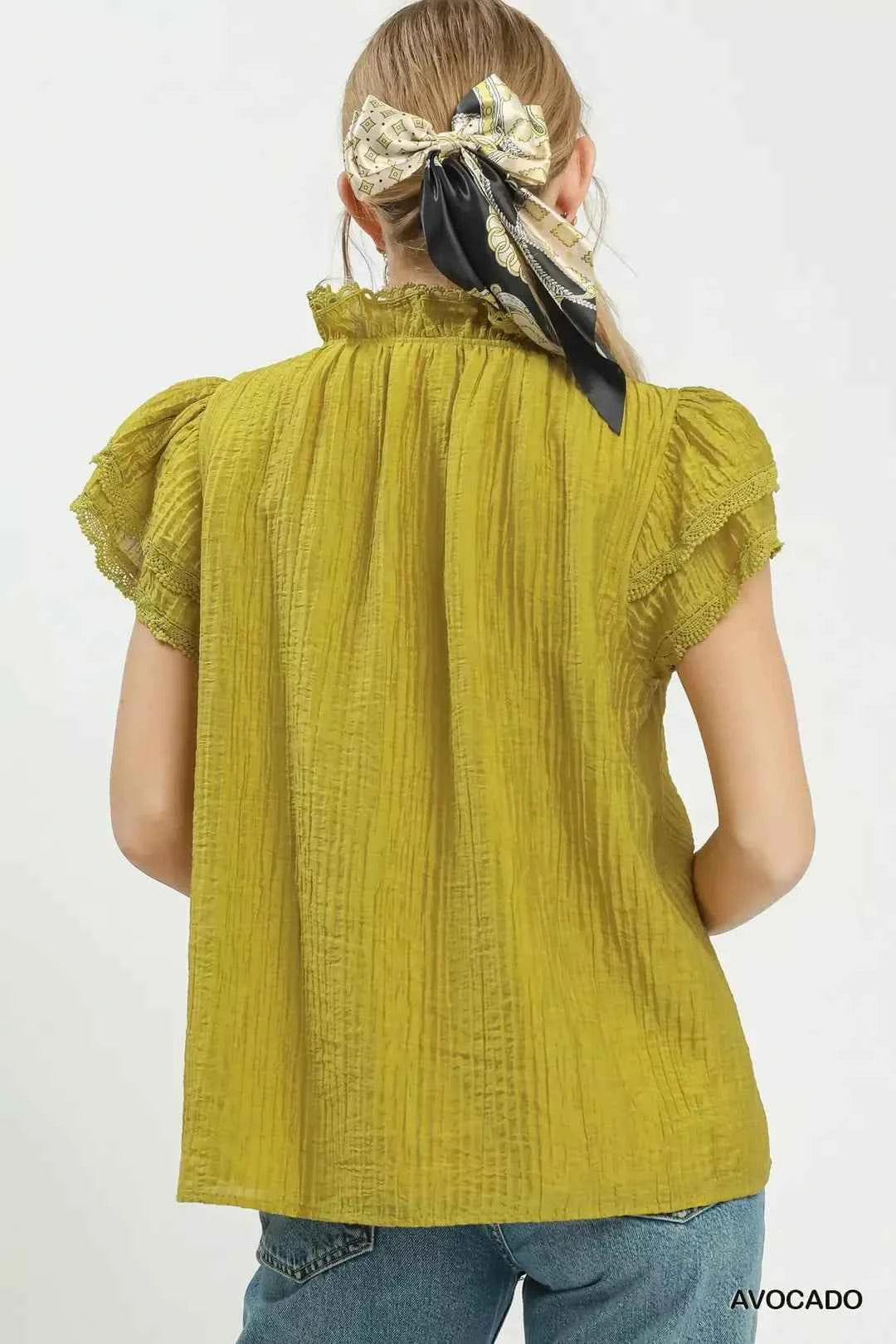 Avocado Lace Trim Double Layer Ruffle Sleeve Top by Umgee Back View