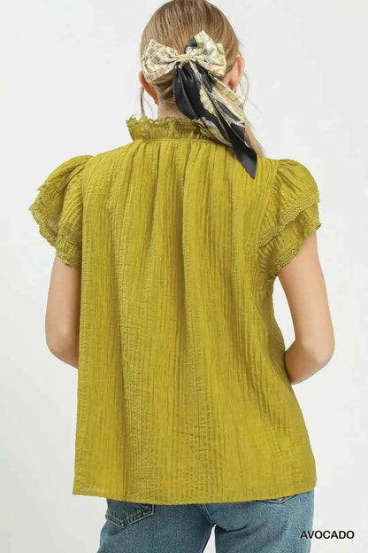 Avocado Lace Trim Double Layer Ruffle Sleeve Top by Umgee Back View