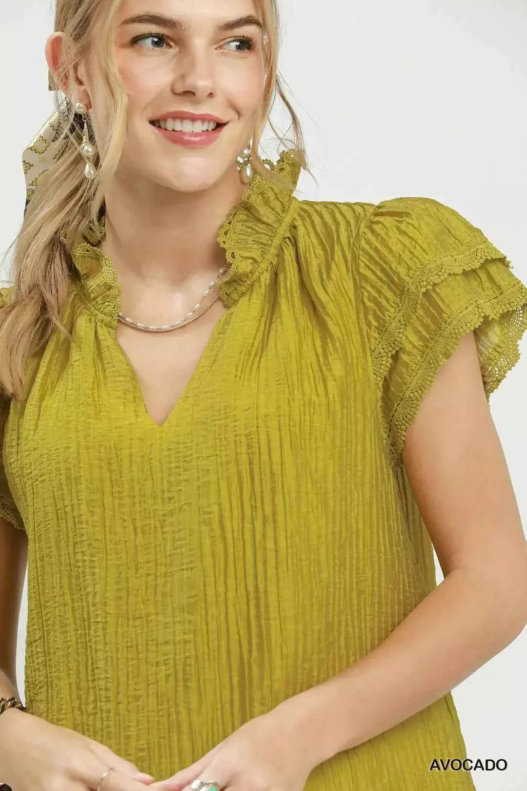 Avocado Lace Trim Double Layer Ruffle Sleeve Top by Umgee Close View