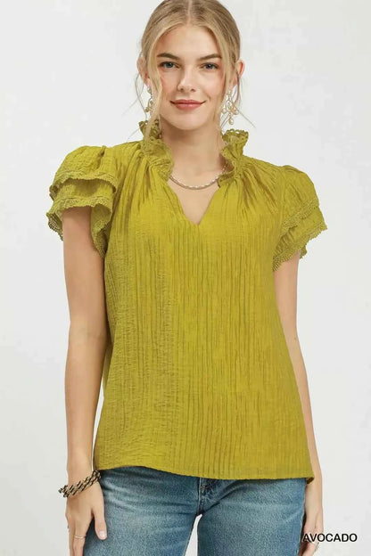 Avocado Lace Trim Double Layer Ruffle Sleeve Top by Umgee Front View