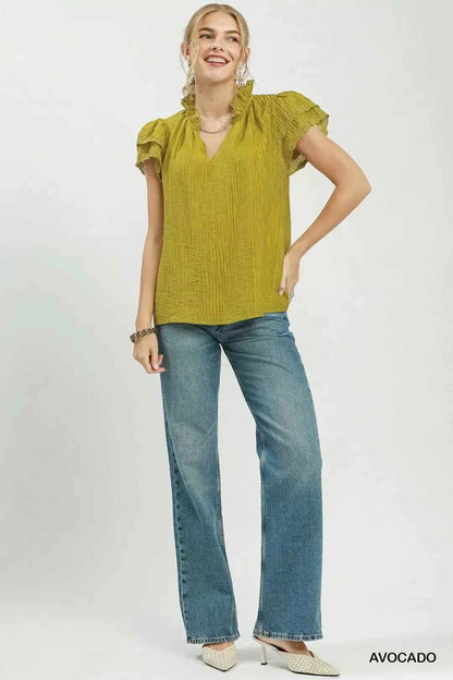 Avocado Lace Trim Double Layer Ruffle Sleeve Top by Umgee Full View