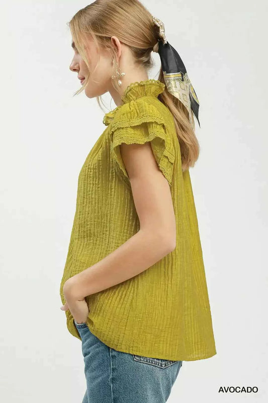 Avocado Lace Trim Double Layer Ruffle Sleeve Top by Umgee Side View