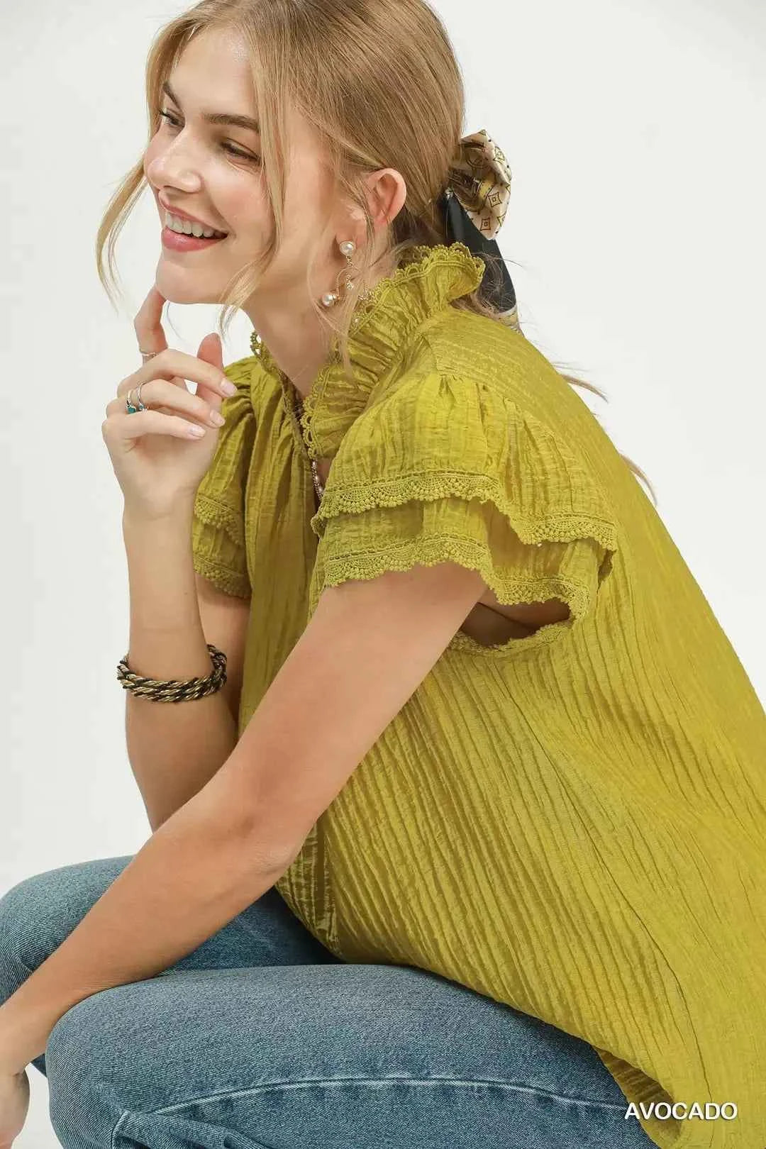 Avocado Lace Trim Double Layer Ruffle Sleeve Top by Umgee Side View