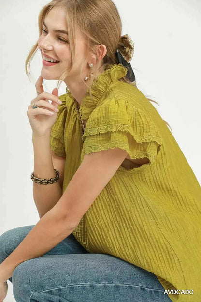 Avocado Lace Trim Double Layer Ruffle Sleeve Top by Umgee Side View