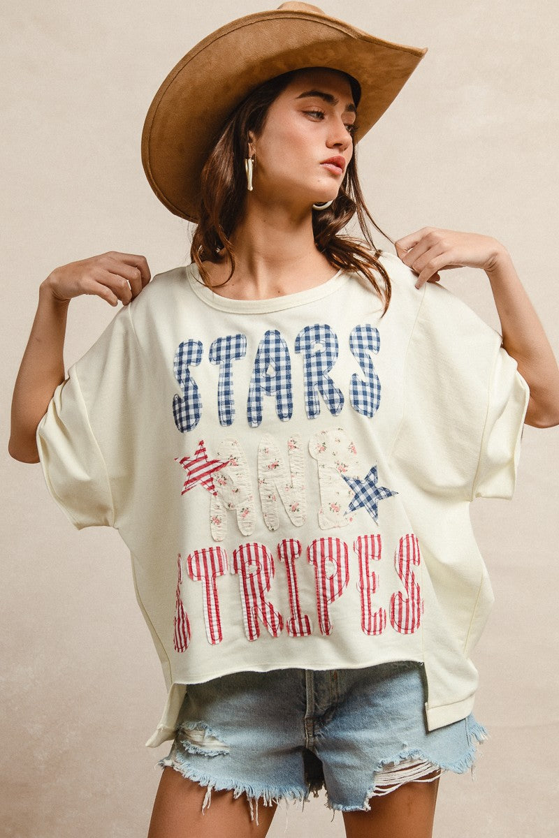 BiBi Cream Mix And Match Stars And Stripes Patchwork Short Sleeve T-Shirt Front View