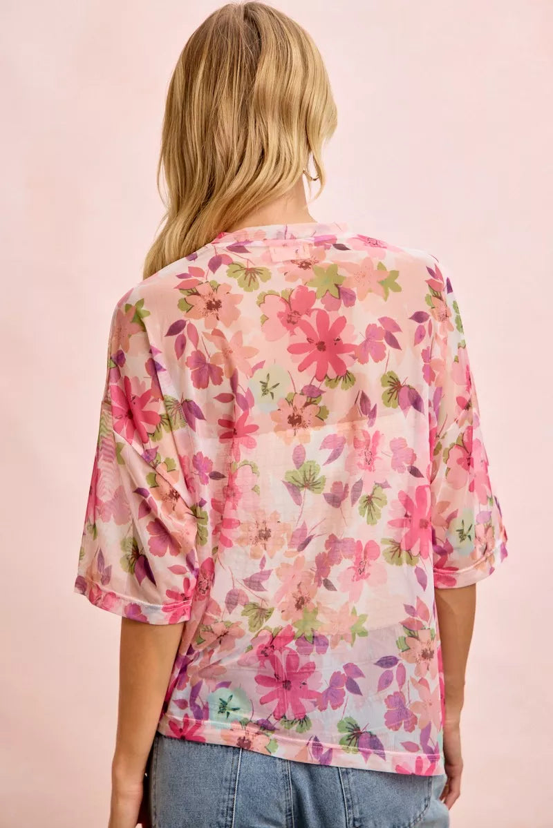 BiBi Pink Multi Floral Print Short Sleeves Boxy Mesh Top Back View
