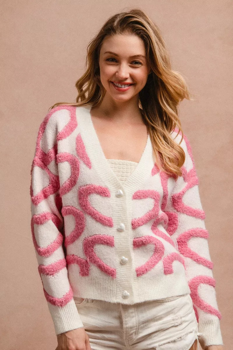 BiBi Pink Textured Heart Buttoned V Neck Cardigan Front View