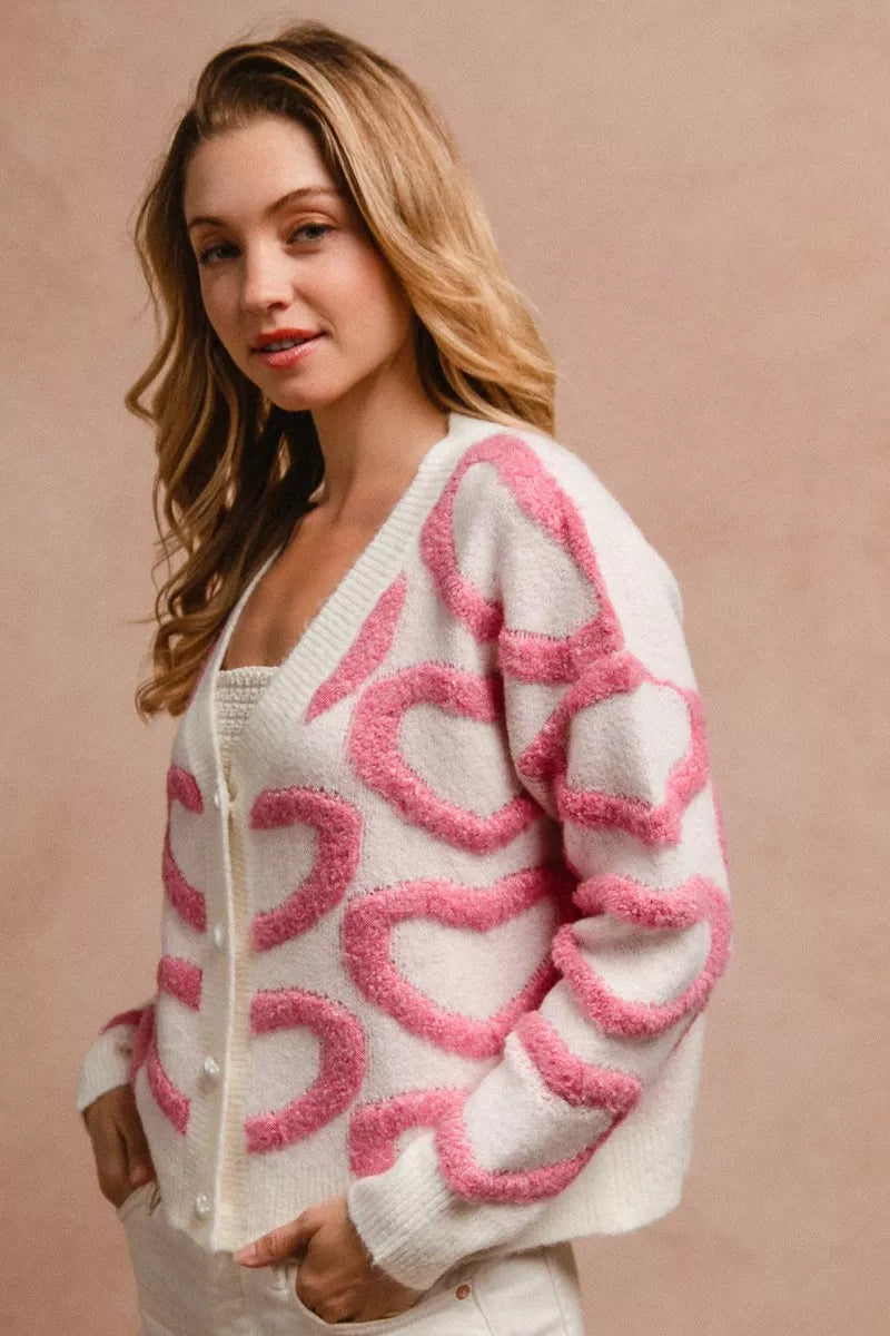 BiBi Pink Textured Heart Buttoned V Neck Cardigan Side View