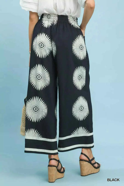 Black Abstract Border Print Wide Leg Pants with Pockets by Umgee Back View