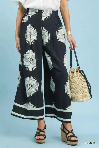 Black Abstract Border Print Wide Leg Pants with Pockets by Umgee Front View