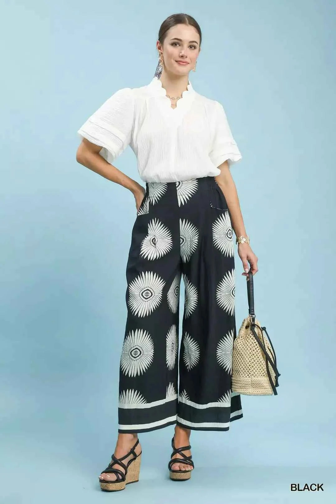 Black Abstract Border Print Wide Leg Pants with Pockets by Umgee Full View