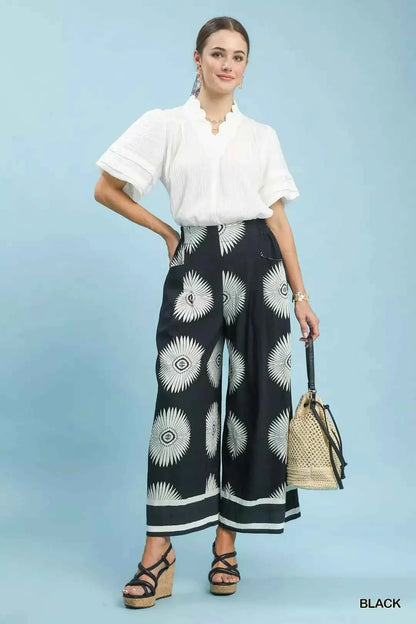 Black Abstract Border Print Wide Leg Pants with Pockets by Umgee Full View