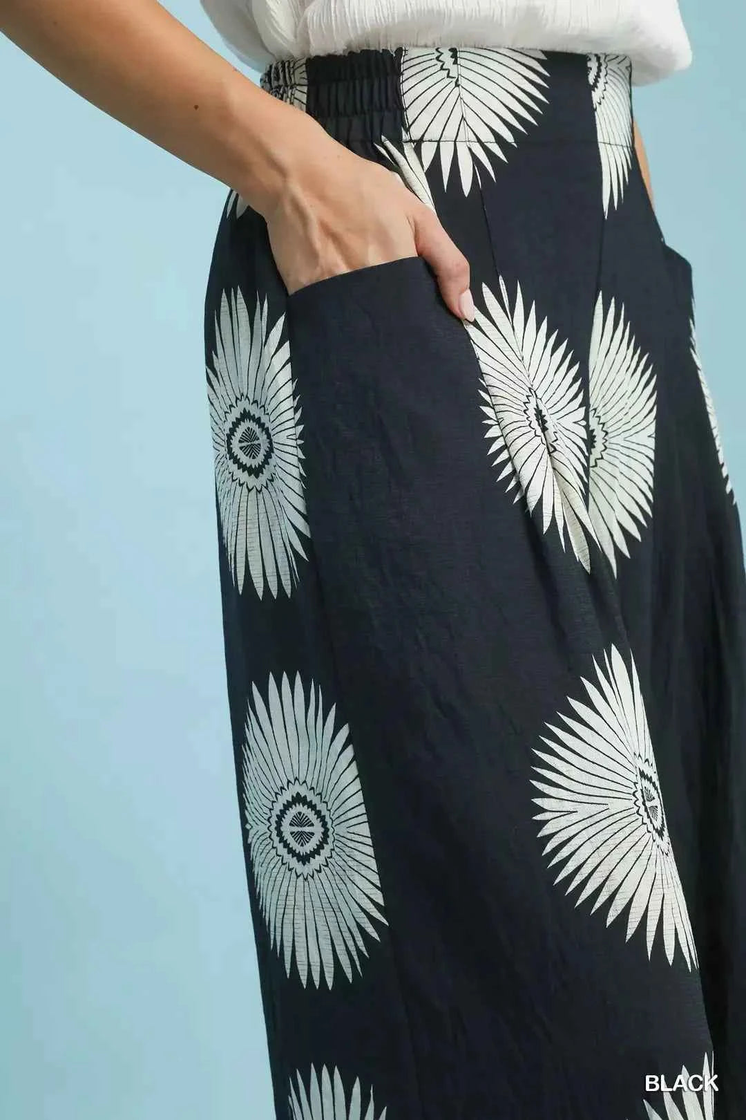 Black Abstract Border Print Wide Leg Pants with Pockets by Umgee Pocket View