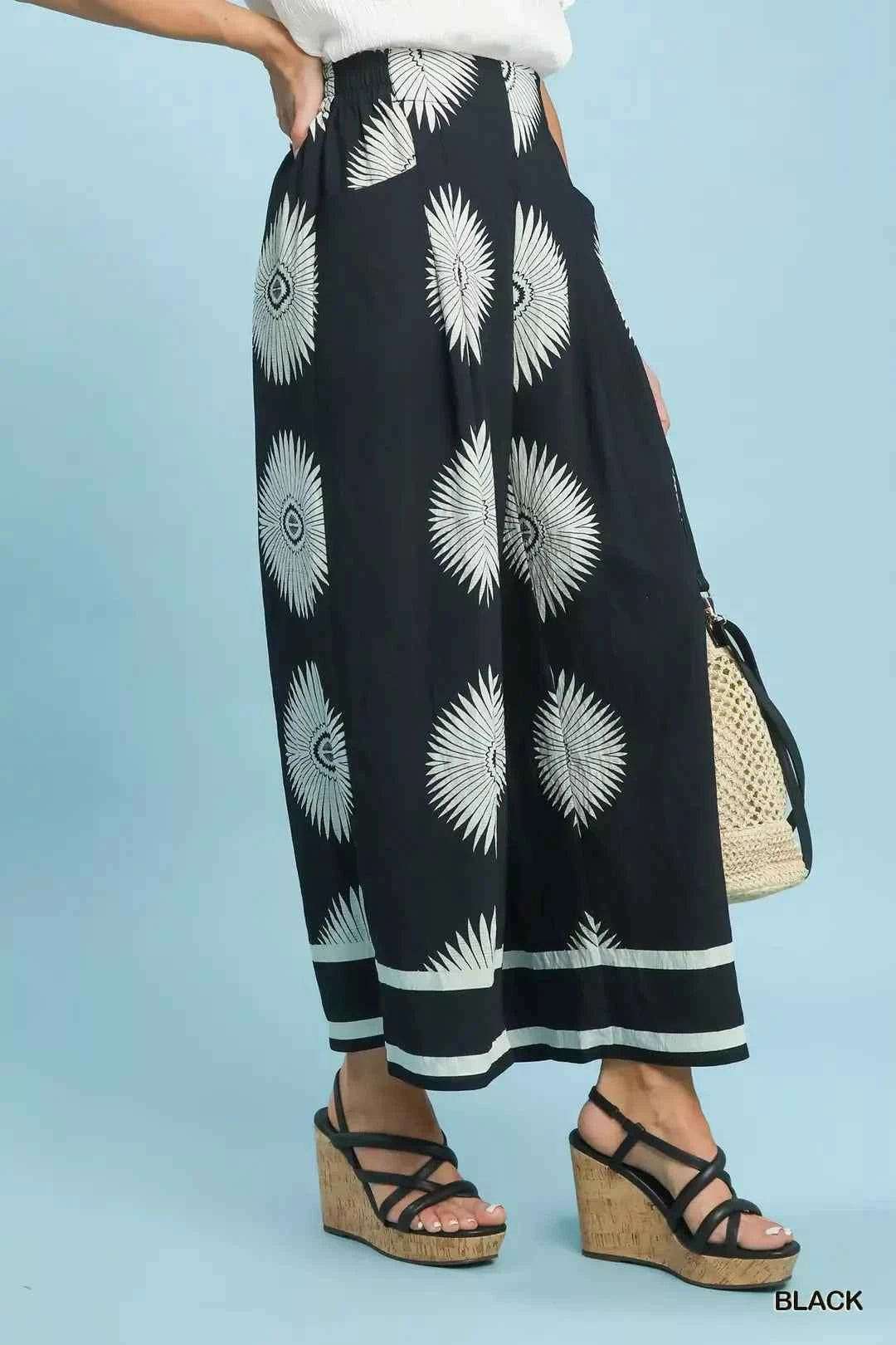 Black Abstract Border Print Wide Leg Pants with Pockets by Umgee Side View