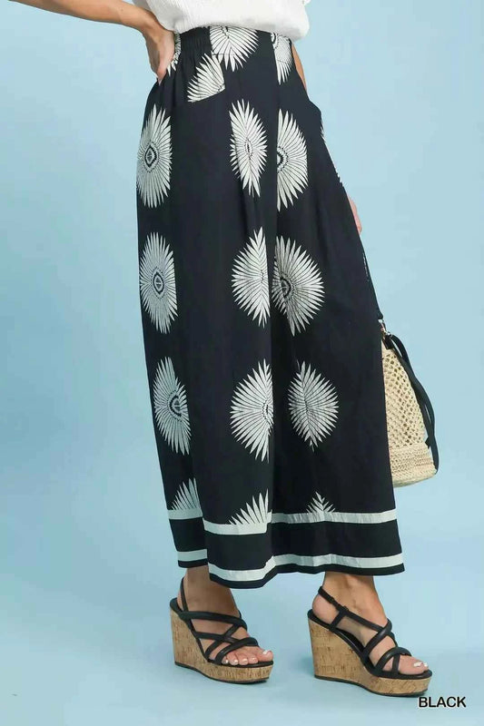 Black Abstract Border Print Wide Leg Pants with Pockets by Umgee Side View