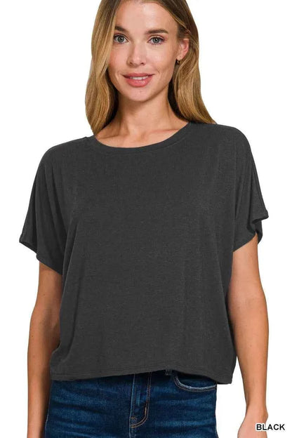 Black Cropped Round Neck Tee with Soft Relaxed Fit by Zenana