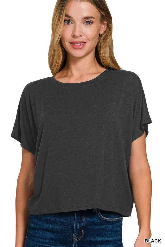 Black Cropped Round Neck Tee with Soft Relaxed Fit by Zenana