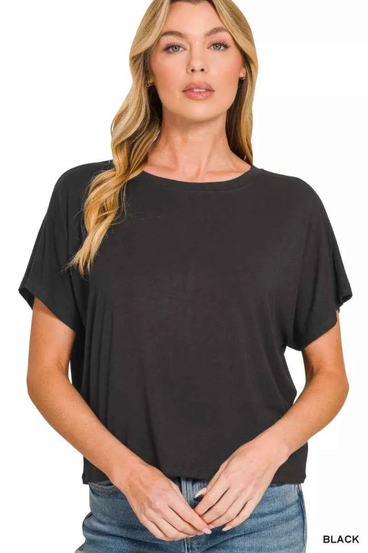Black Cropped Round Neck Tee with Soft Relaxed Fit by Zenana