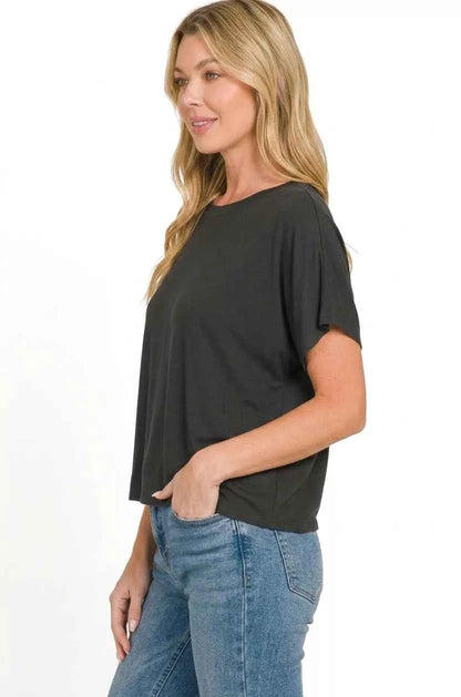 Black Cropped Round Neck Tee with Soft Relaxed Fit by Zenana