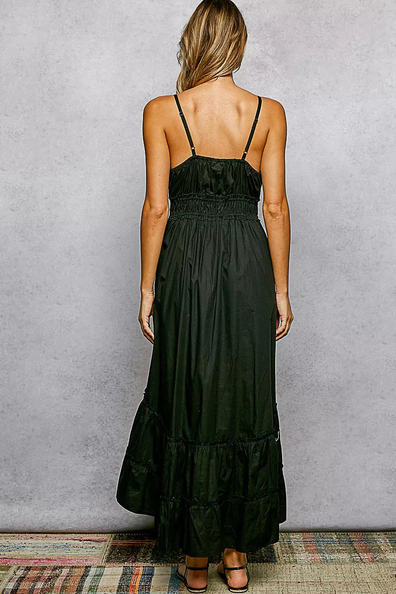 Black Embroidered Detail Tassel Tie Smocked Waist Midi Tiered Cami Dress | POL Back View