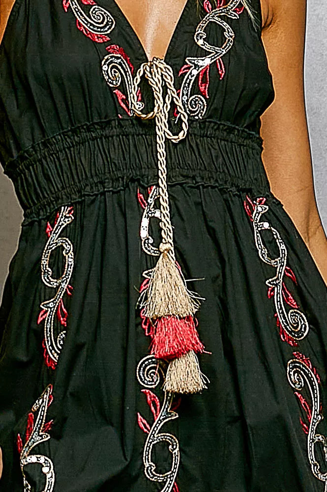 Black Embroidered Detail Tassel Tie Smocked Waist Midi Tiered Cami Dress | POL Close View