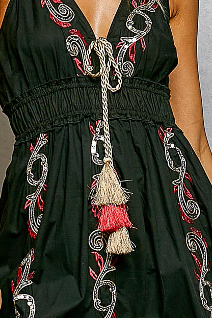 Black Embroidered Detail Tassel Tie Smocked Waist Midi Tiered Cami Dress | POL Close View