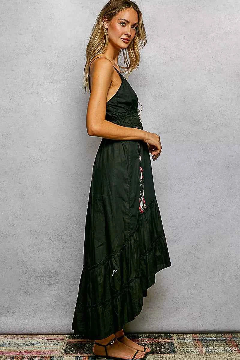 Black Embroidered Detail Tassel Tie Smocked Waist Midi Tiered Cami Dress | POL
