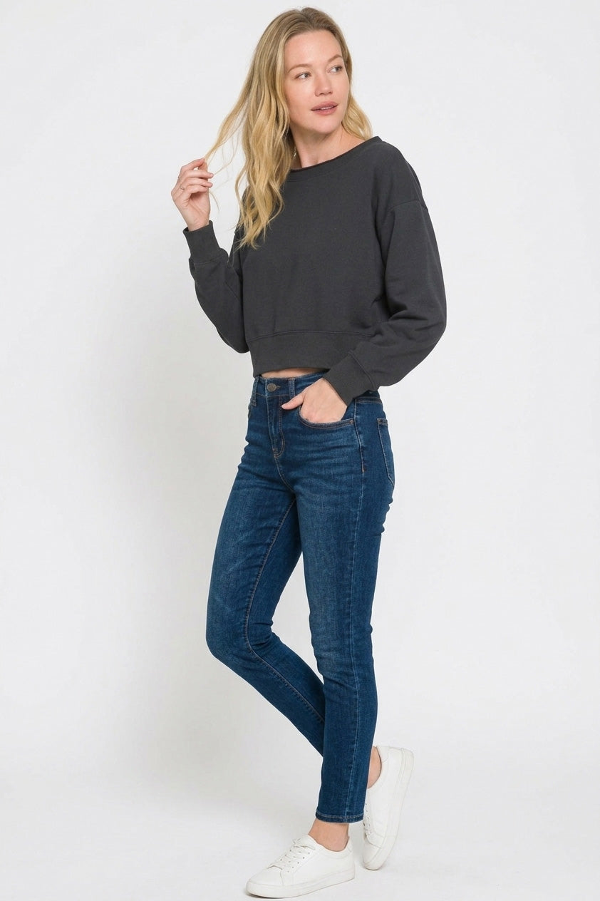 Black Fleece Boat-neck Sweatshirt by Zenana Side View