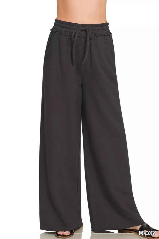 Black French Terry Wide Leg Sweatpants with Pockets by Zenana