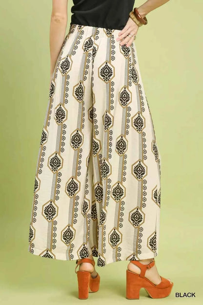 Black Geometric Boho Print Wide Leg Pants with Pockets