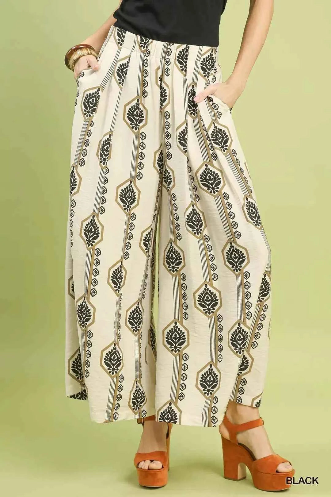 Black Geometric Boho Print Wide Leg Pants with Pockets
