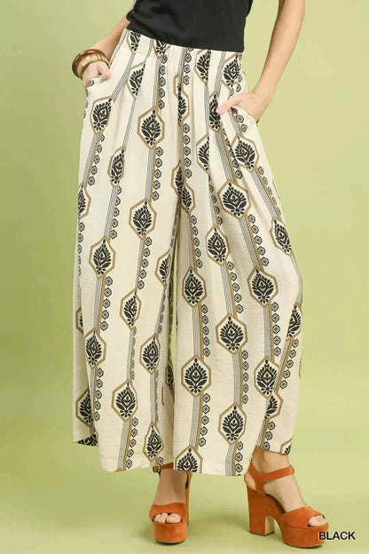 Black Geometric Boho Print Wide Leg Pants with Pockets