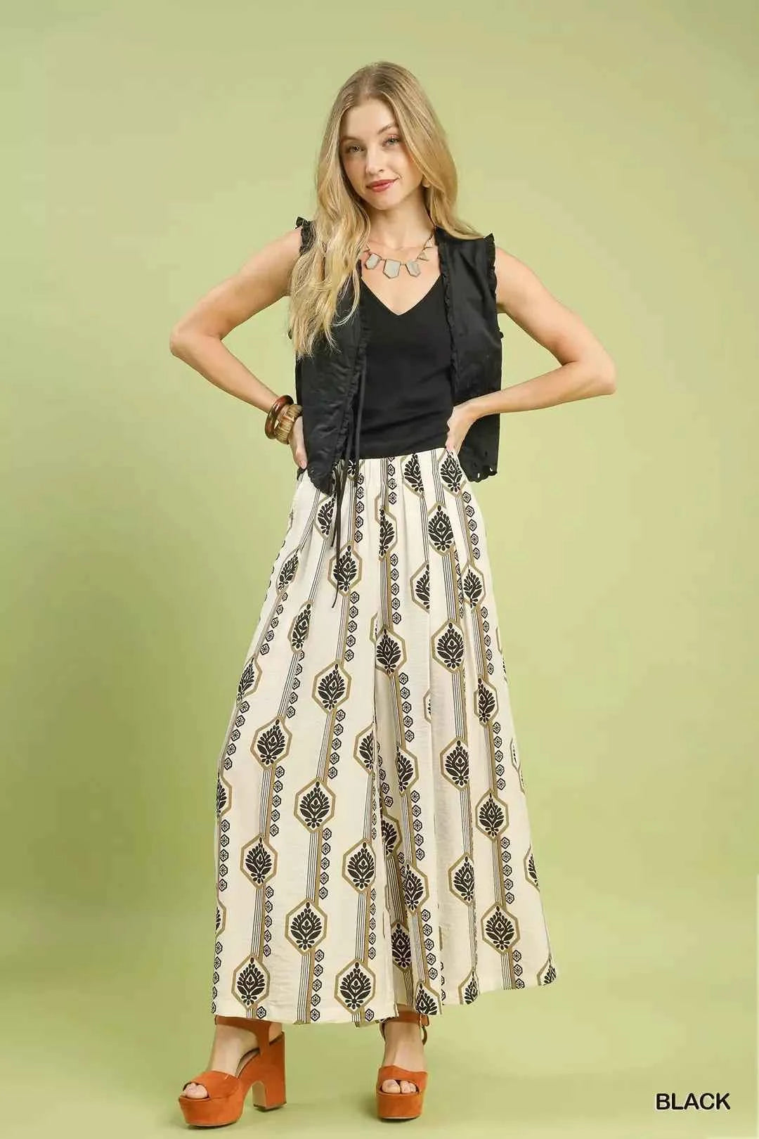 Black Geometric Boho Print Wide Leg Pants with Pockets