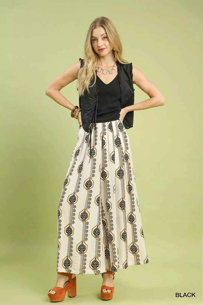 Black Geometric Boho Print Wide Leg Pants with Pockets