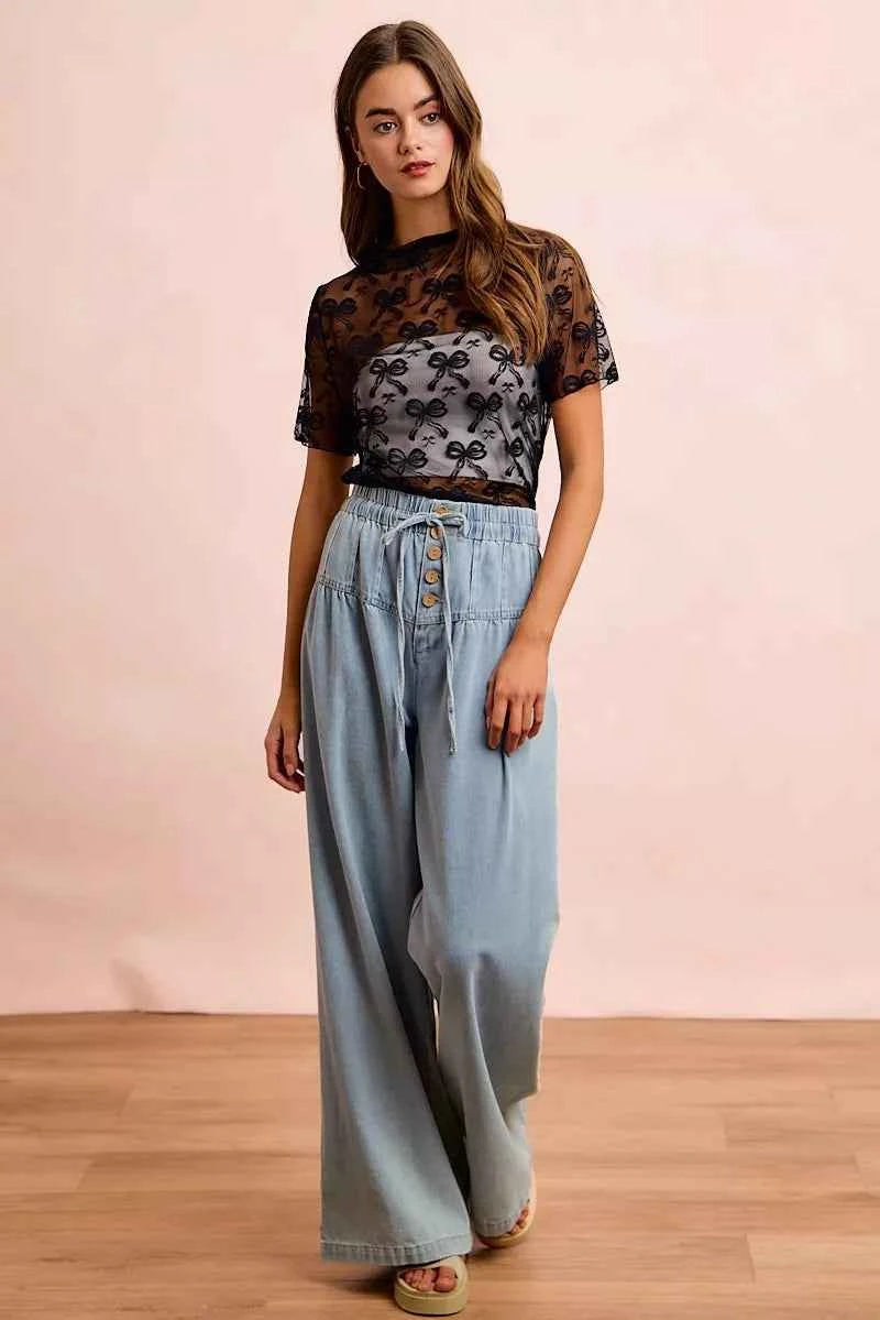 Black High Neckline Short Sleeves Bow Pattern Mesh Top by BiBi Full View