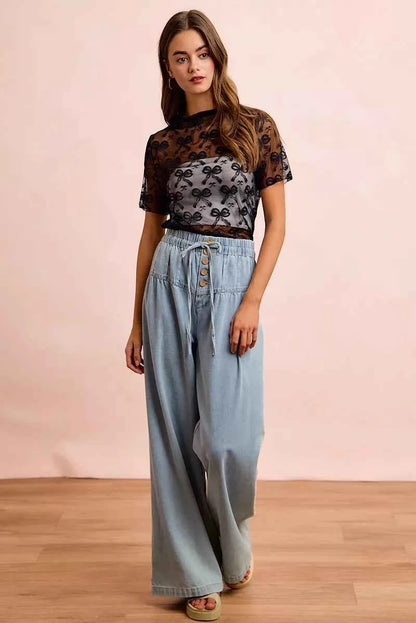 Black High Neckline Short Sleeves Bow Pattern Mesh Top by BiBi Full View