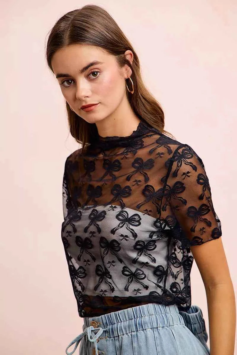 Black High Neckline Short Sleeves Bow Pattern Mesh Top by BiBi Side View