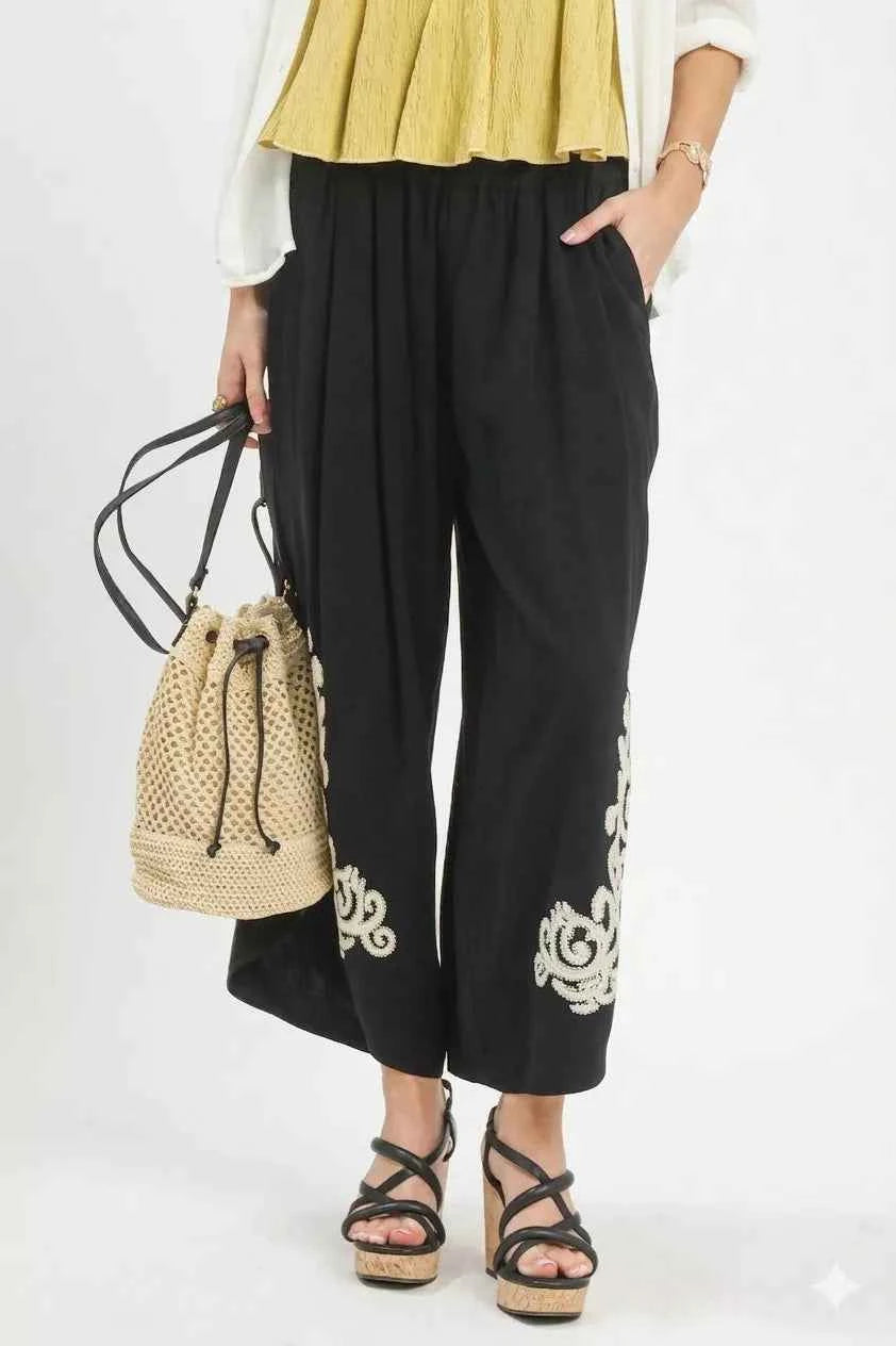 Black Linen Embroidered Wide-Leg Boho Pants with Pockets by Umgee Front view